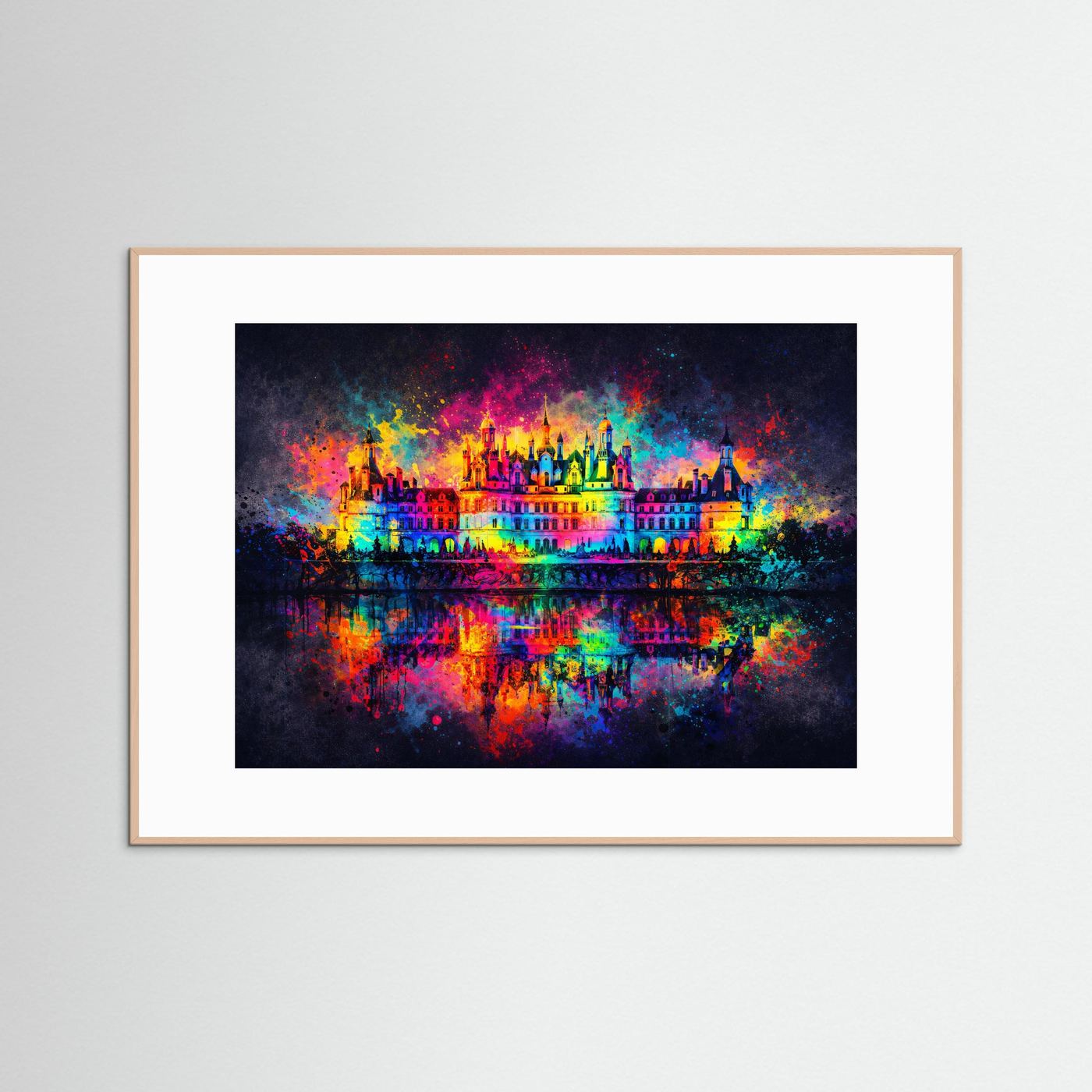 Prachtvolles Schloss mit Wasserspiegelung im Farbexplosion-Stil | Abstrakte Kunst Poster Querformat