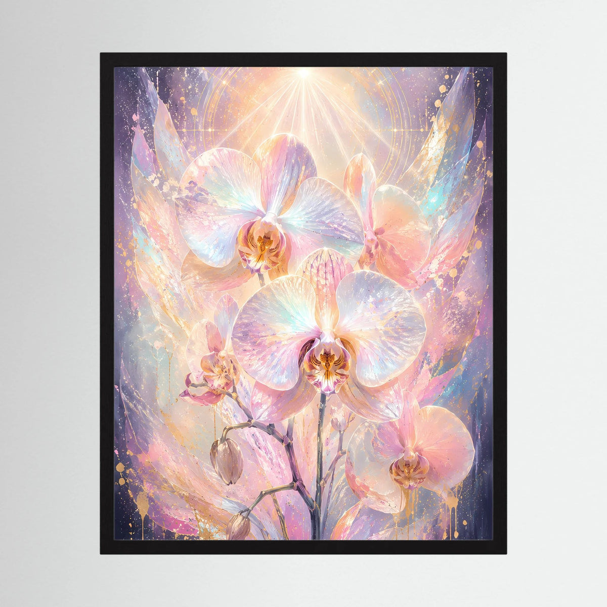 Orchideen-Poster mit rosa-pastellfarbenen Orchideenblüten, schwarz gerahmt, Hochformat