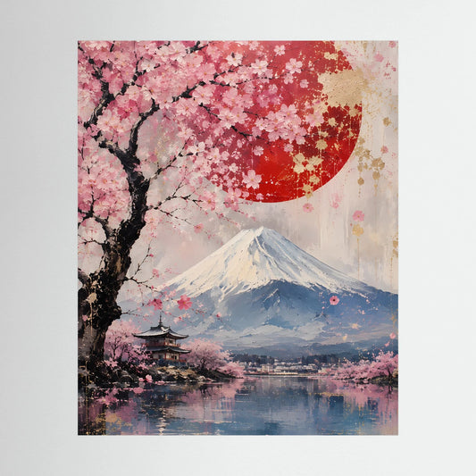 Poster im Hochformat: Kirschblütenbaum, Fuji und roter Halbmond über Pagode und Wasser