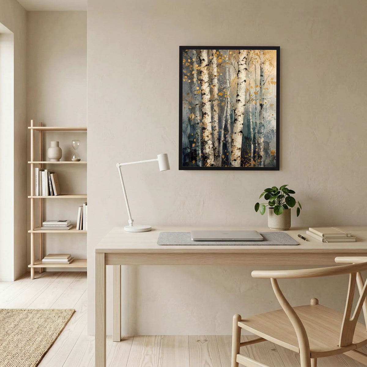 Abstraktes Birkenwald-Poster mit schwarzem Rahmen, vertikal, Birkenstämme in Beige und Grau