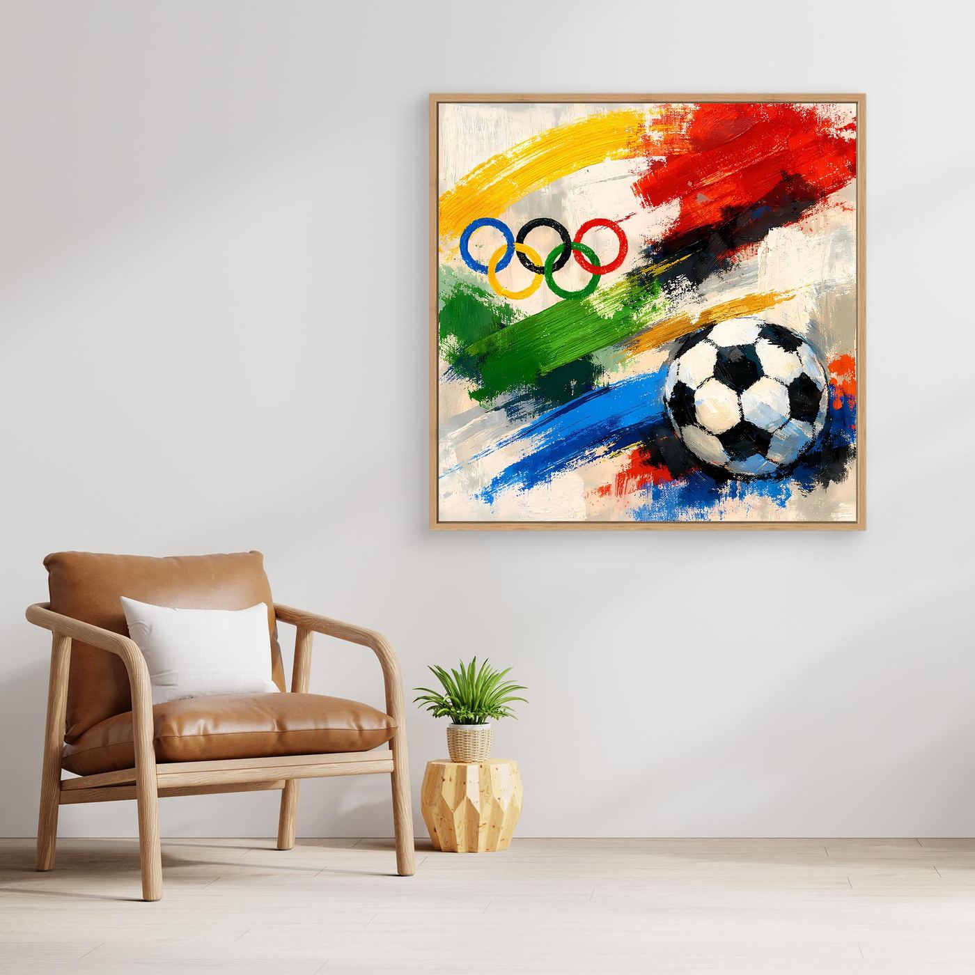 Leinwandbild mit abstraktem Fußball und Olympischen Ringen, hellbrauner Holzrahmen