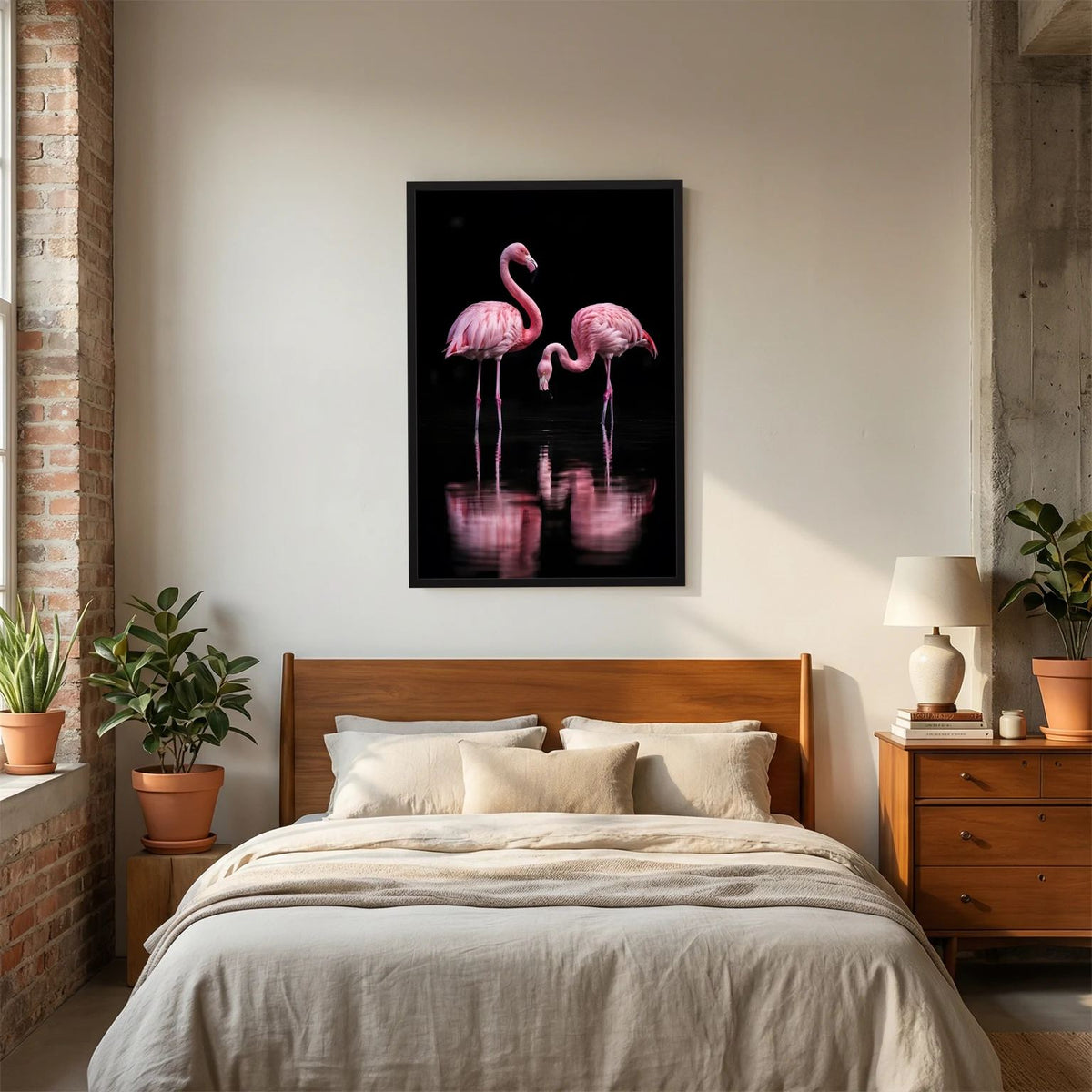 Hochformatiges Poster mit zwei rosa Flamingos und spiegelnder Darstellung auf schwarzem Grund