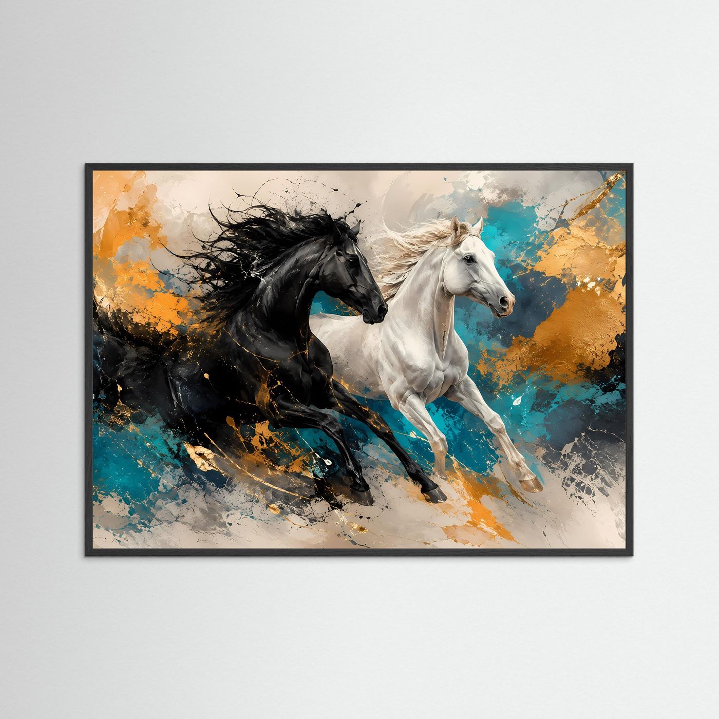 Dynamik in Perfektion | Abstraktes Pferde & Galopp Poster mit Gold- und Ozean-Akzenten