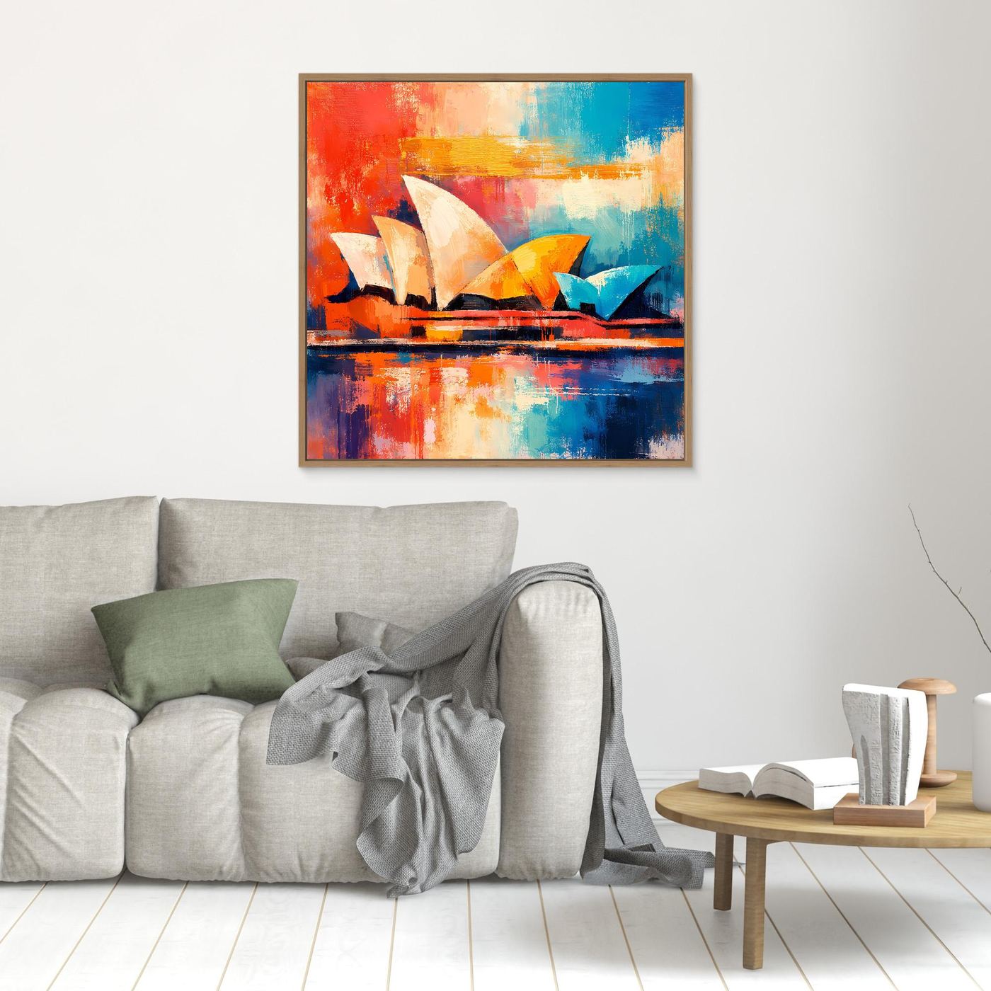 Abstraktes Leinwand-Wandbild: Segelboot in Rot, Blau, Gelb, goldfarben gerahmt