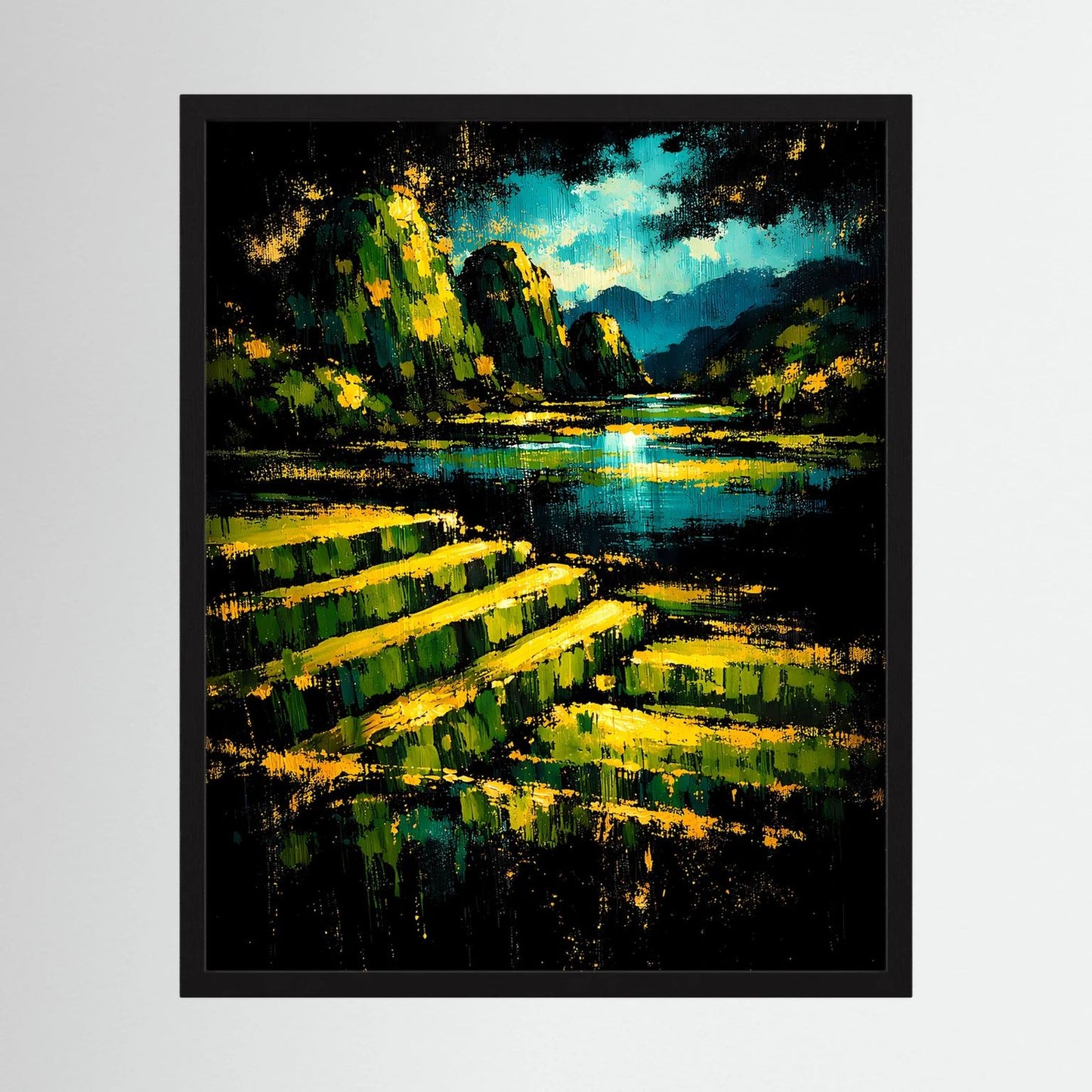 Abstraktes Landschafts-Wandposter mit schwarzem Rahmen: grün-gelbe Streifen, blauer Fluss