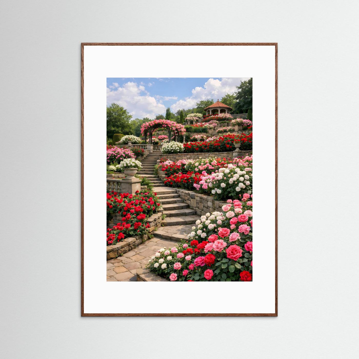Blumenposter im braunen Holzrahmen mit Rosenbeeten und Steintreppe