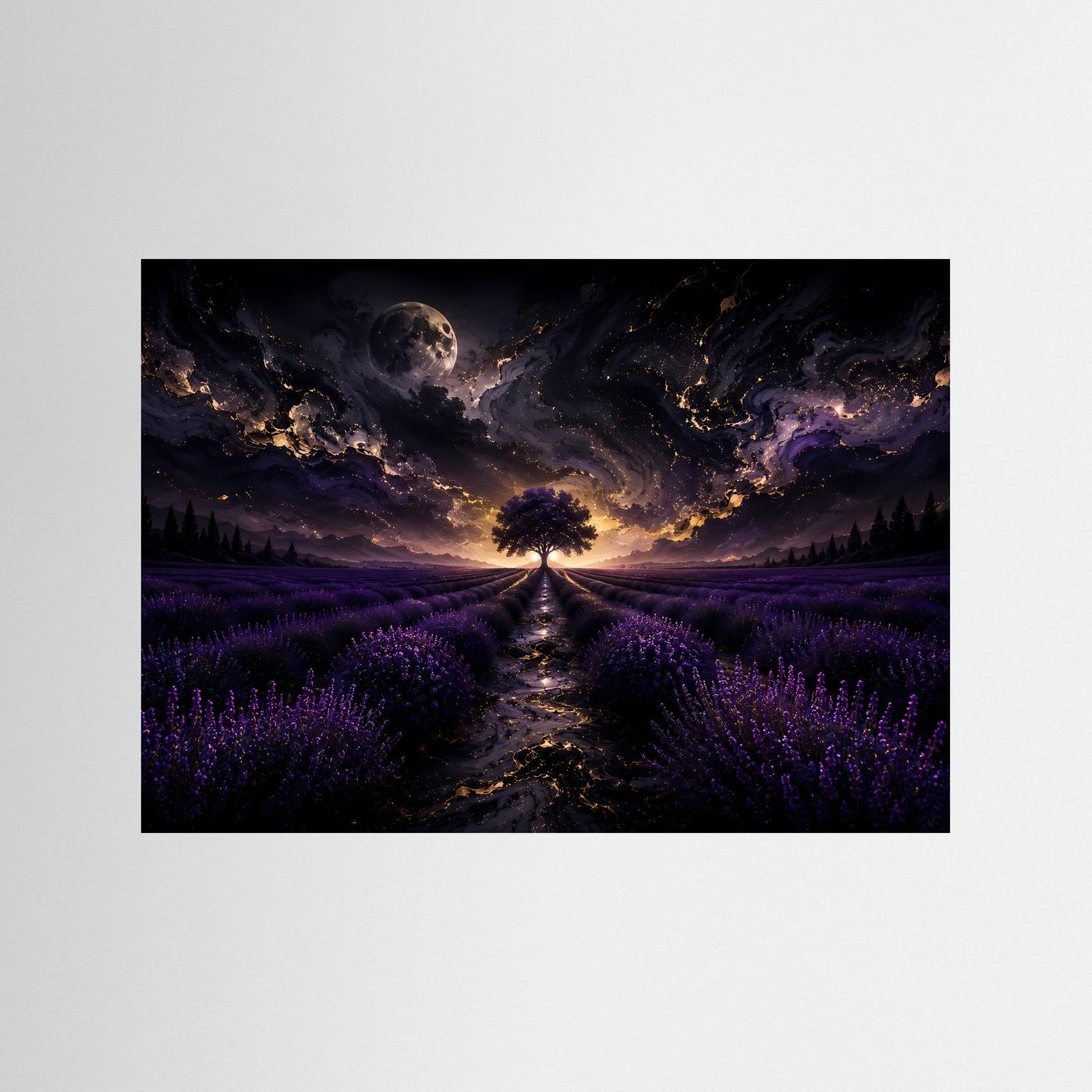 Lavendelfeld Wandbild Nacht | Mystischer Baum unter Mond | Fantasy Landschaft Poster | Lila Leinwandbild | Abstrakte Fine Art Wandkunst