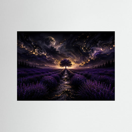 Wandbild mit lila Lavendelfeld, Weg, leuchtendem Baum und Vollmond bei Nacht im dunklen Himmel