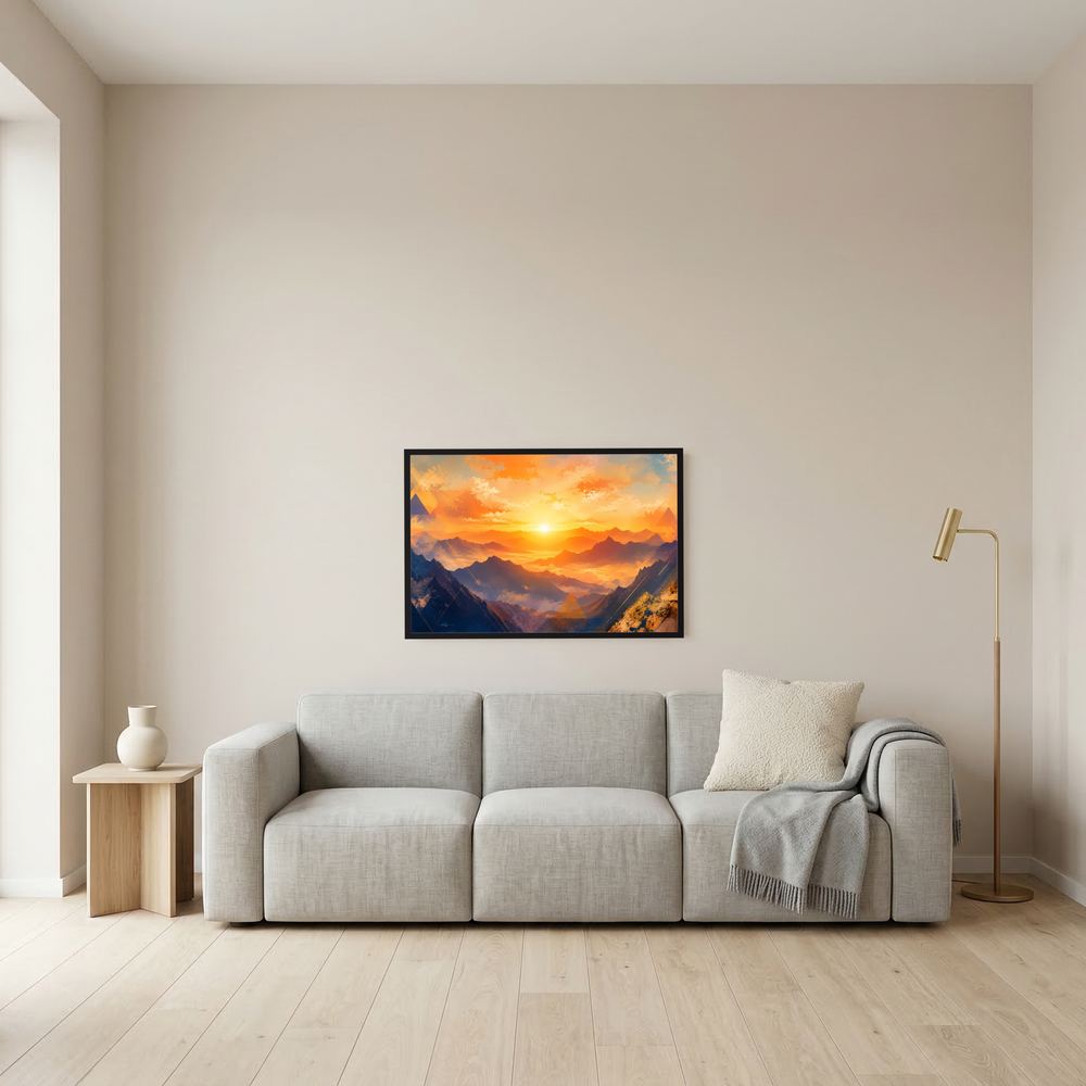 Kleines gerahmtes Landschaftsbild mit Bergpanorama im Sonnenuntergang, orange-blau, schwarzer Rahmen