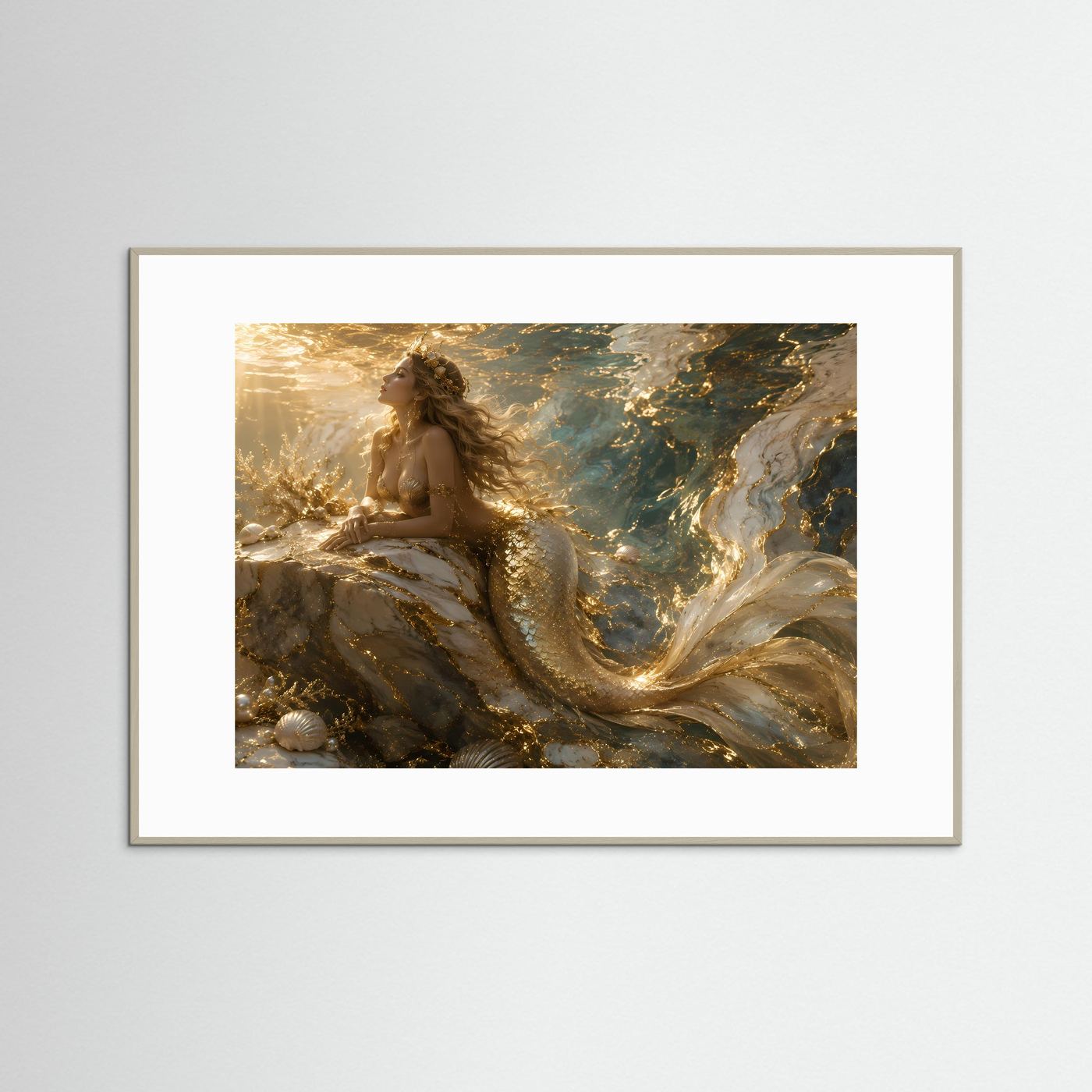 Meerjungfrau Wandbild | Goldene Unterwasser Kunst | Luxus Poster | Fantasy Leinwand | Ozean Wall Art | Elegante Meerjungfrau Dekoration