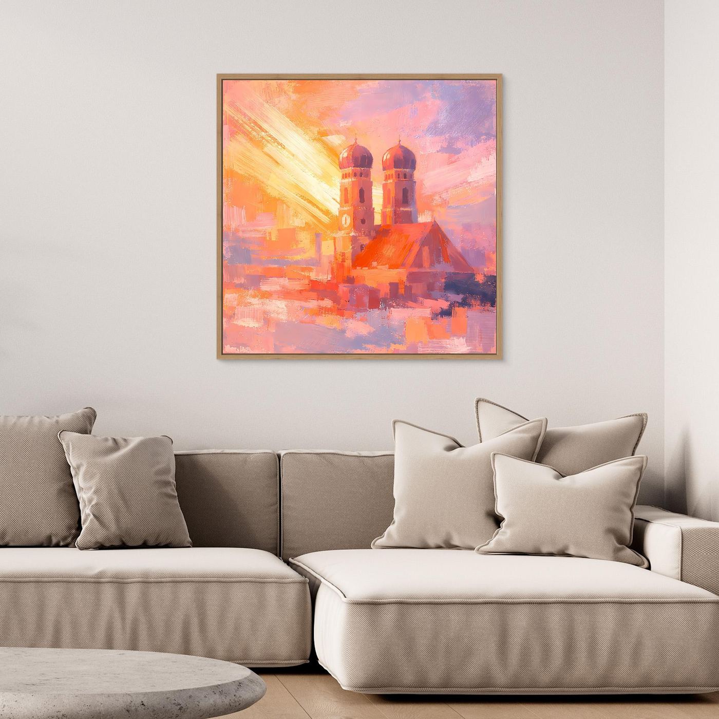 Premium Leinwand Frauenkirche München im Sonnenaufgang | Abstraktes Skyline Wandbild Bayern
