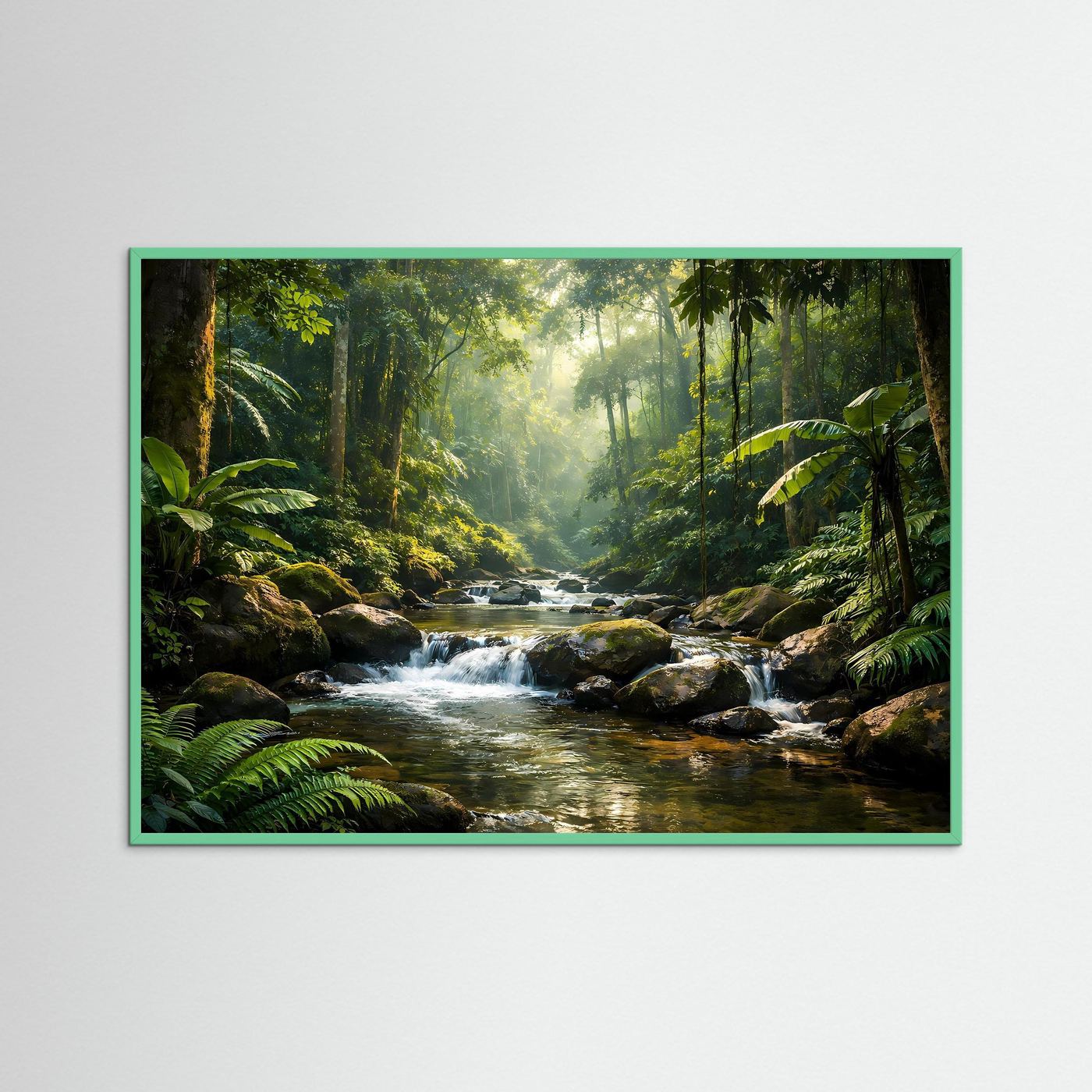 Dschungelposter mit Flusslauf, türkisgrüner Rahmen