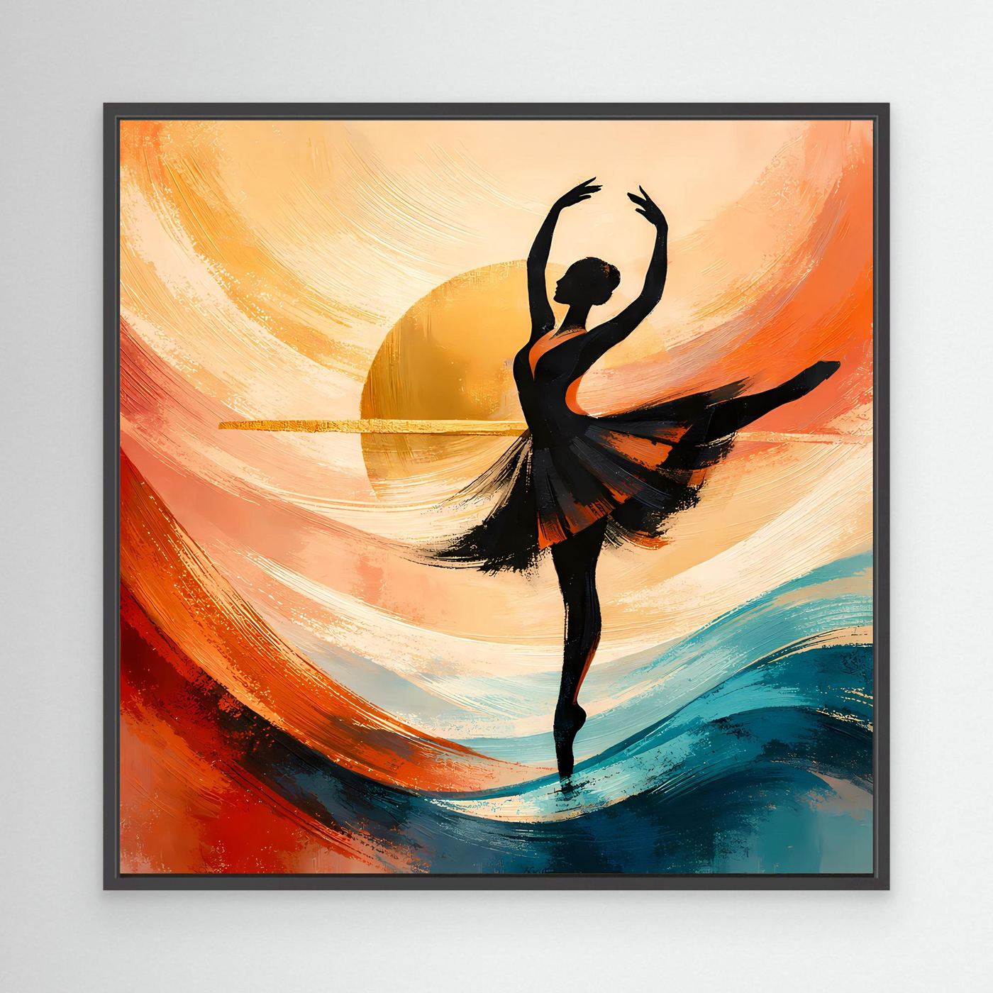 Abstraktes Leinwandbild im schwarzen Rahmen mit schwarz silhouettierter Ballerina und farbigen Strichen
