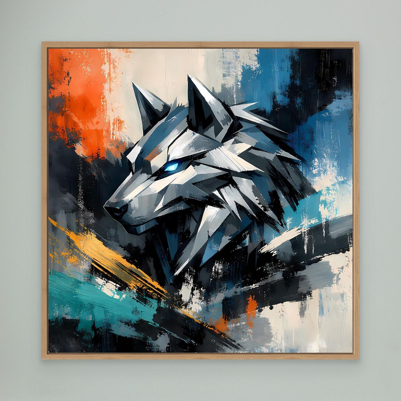 Leinwandbild mit geometrischem Cyber-Wolf im hellem Holzrahmen, Blau, Schwarz, Orange