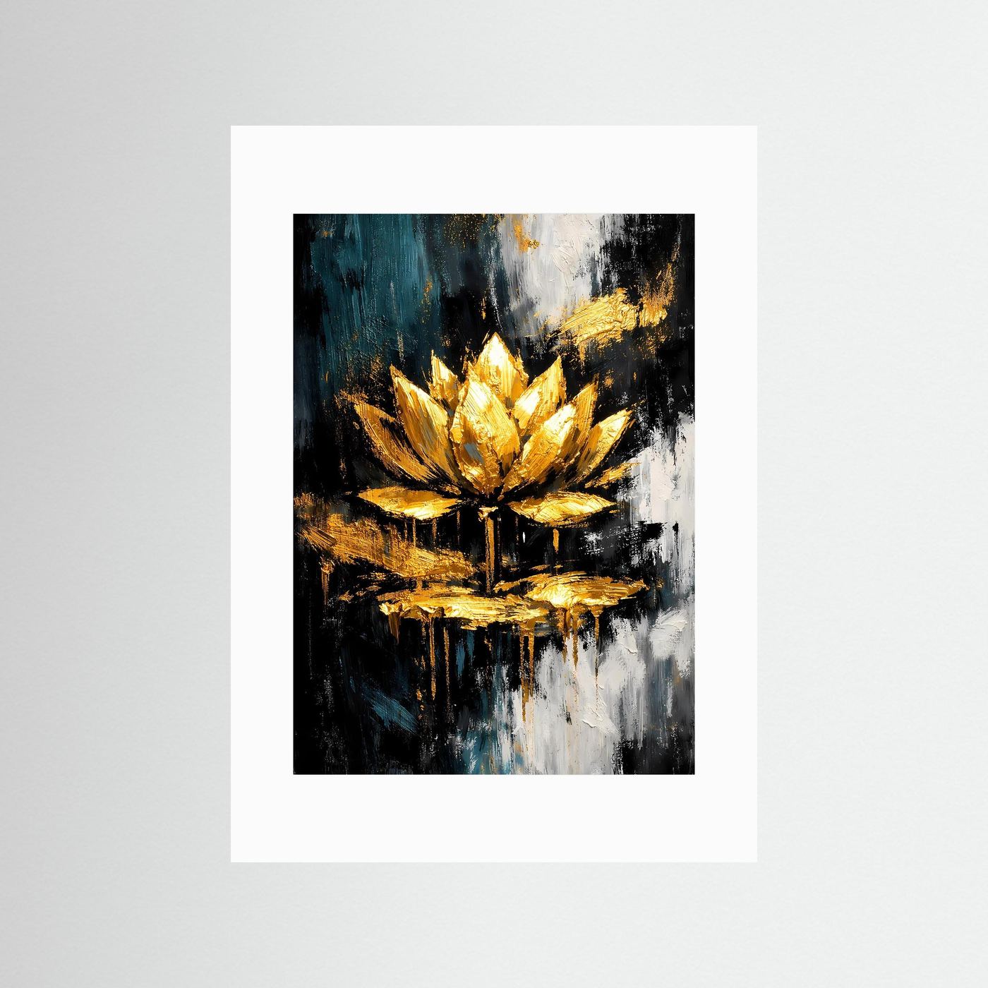 Abstraktes Lotusposter mit goldenen Blüten, Teal- und schwarz-weißer Farbfläche mit weißem Rand