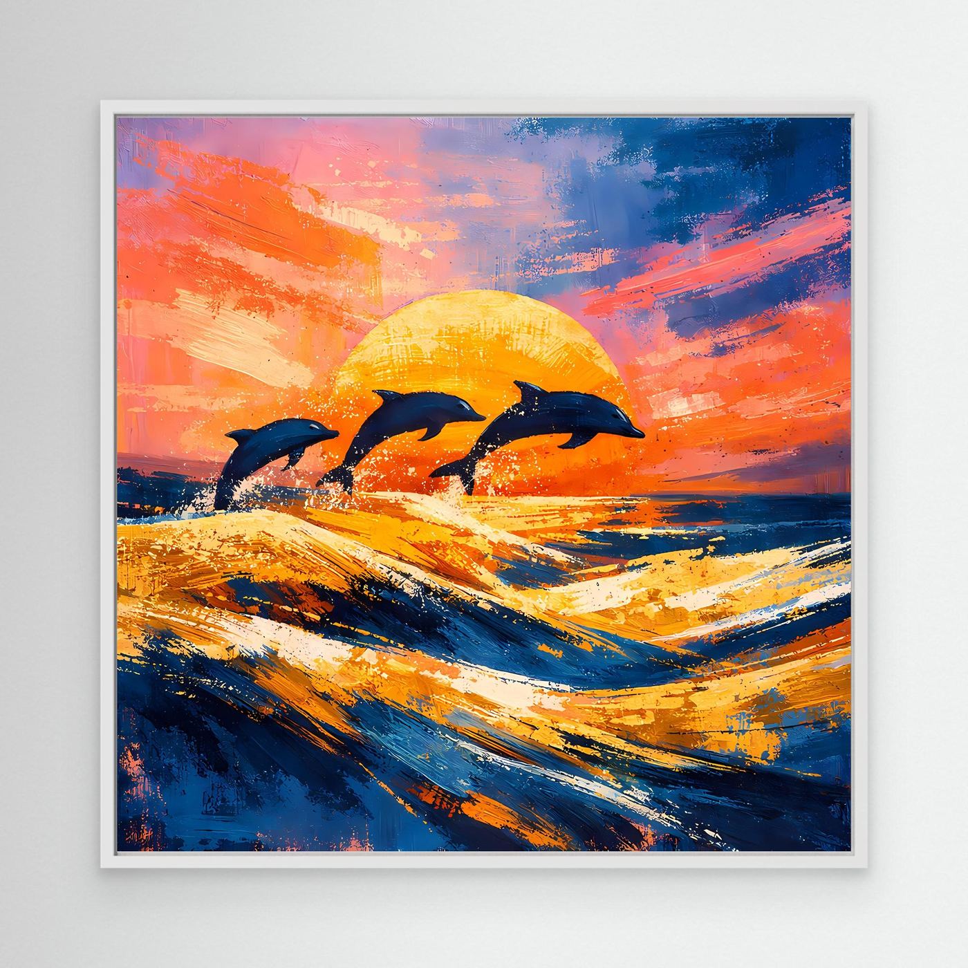Leinwand Springende Delphine im Sonnenuntergang | Abstraktes Ozean & Meer Wandbild