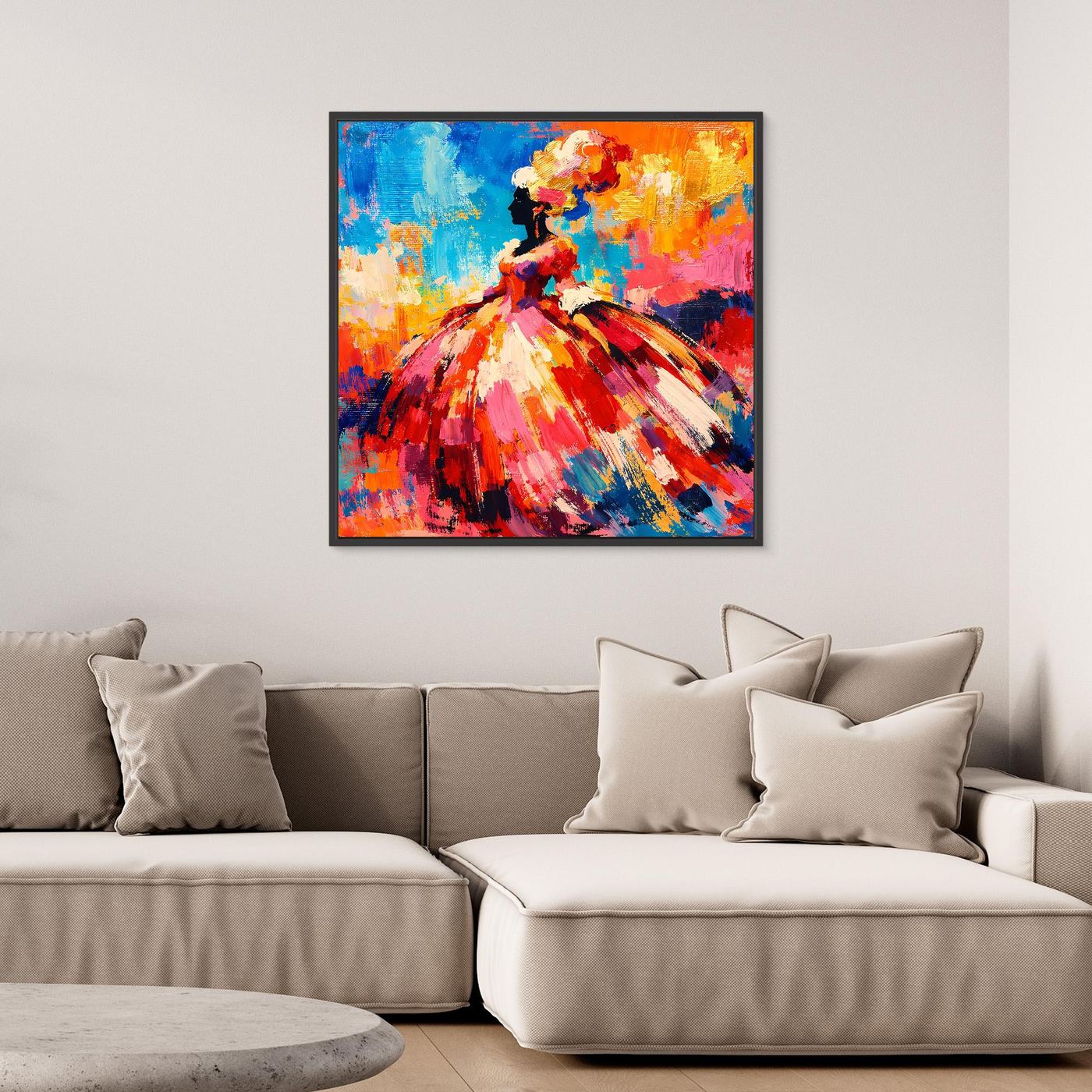 Gerahmtes Leinwandbild: abstraktes Portrait einer barocken Dame mit buntem Rock