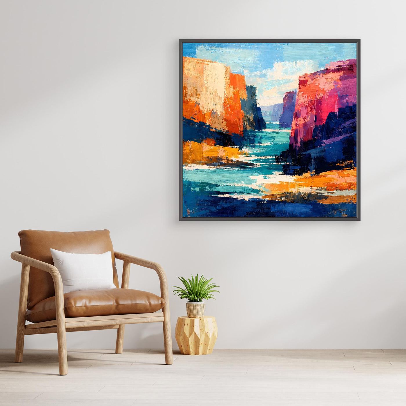 Gerahmtes abstraktes Leinwand-Wandbild mit Canyon- und Flussmotiv in Blau und Rottönen
