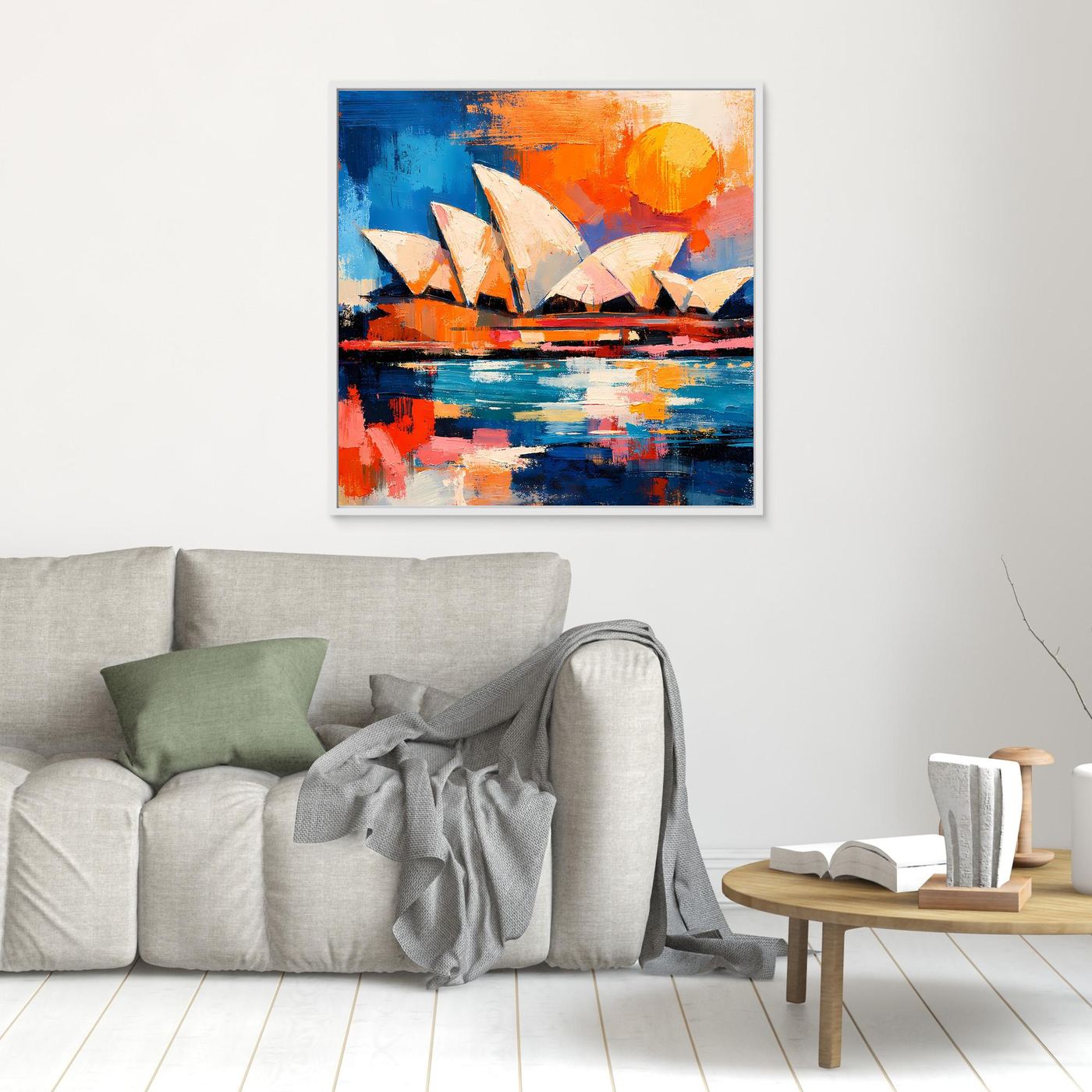 Abstract architecture wall art with white frame above sofa, blue and orange harbor