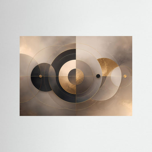 Querformat-Poster mit abstrakten Kreisen in Beige, Gold und Schwarz