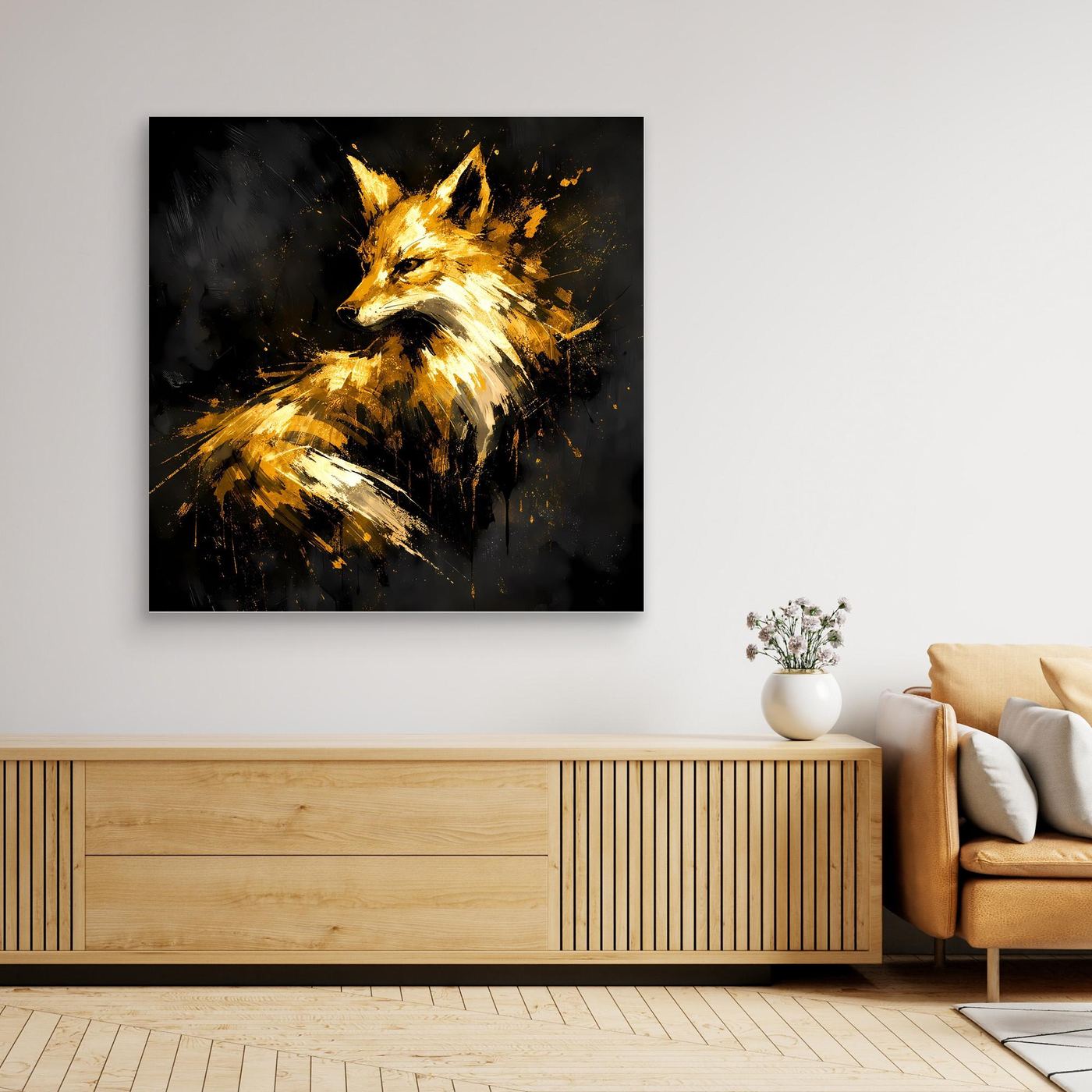 Leinwand Majestätischer Fuchs in Gold und Schwarz | Modernes Abstraktes Wildtier Wandbild