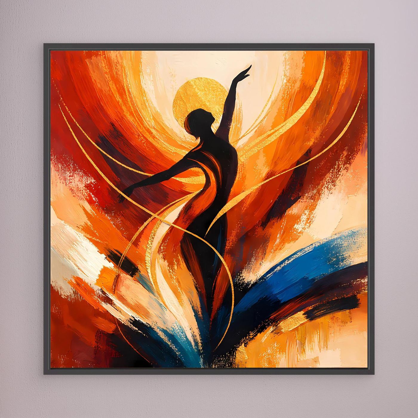 Leinwandbild mit Tänzerin-Silhouette und abstrakten Pinselstrichen in Orange, Gelb, Blau, schwarz gerahmt
