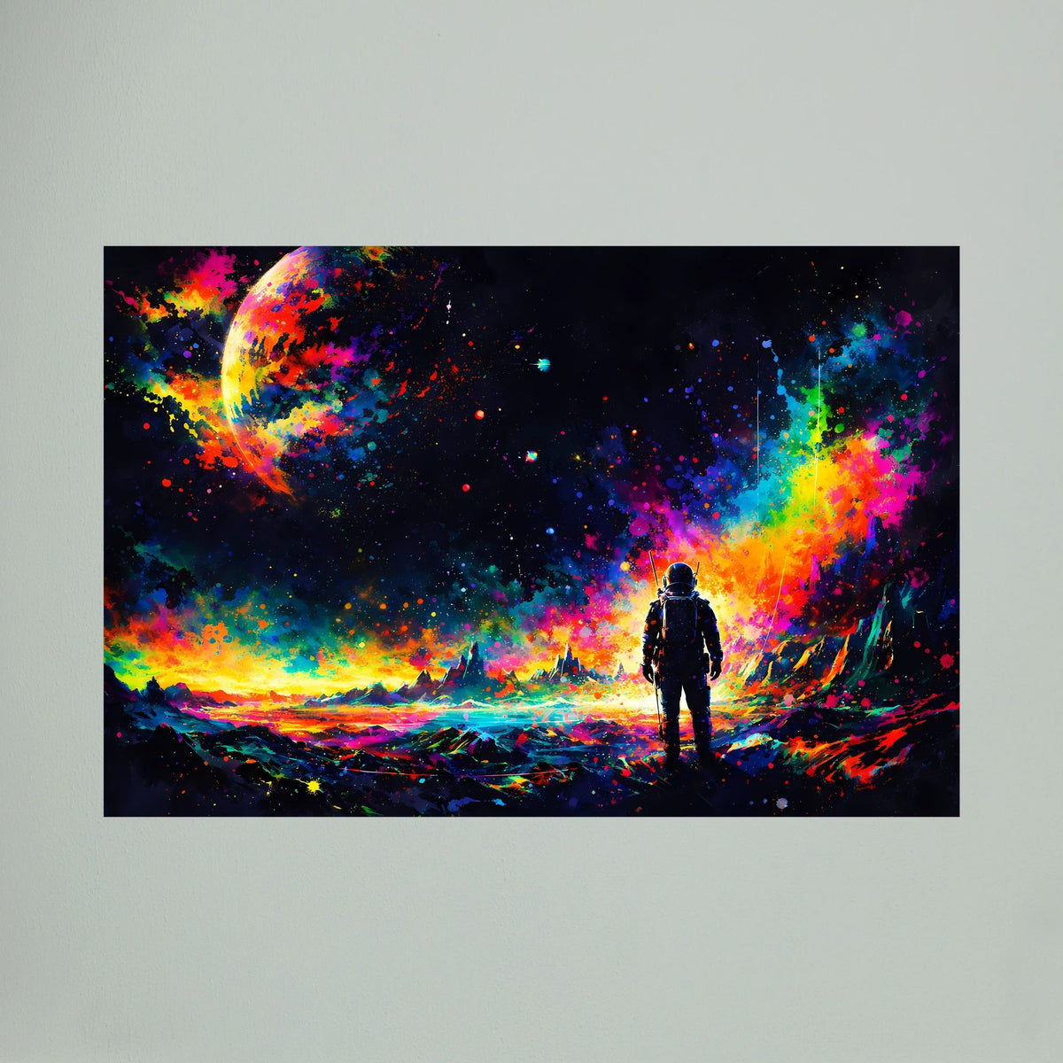 Poster im Querformat mit Astronaut im leuchtenden Farben-Kosmos
