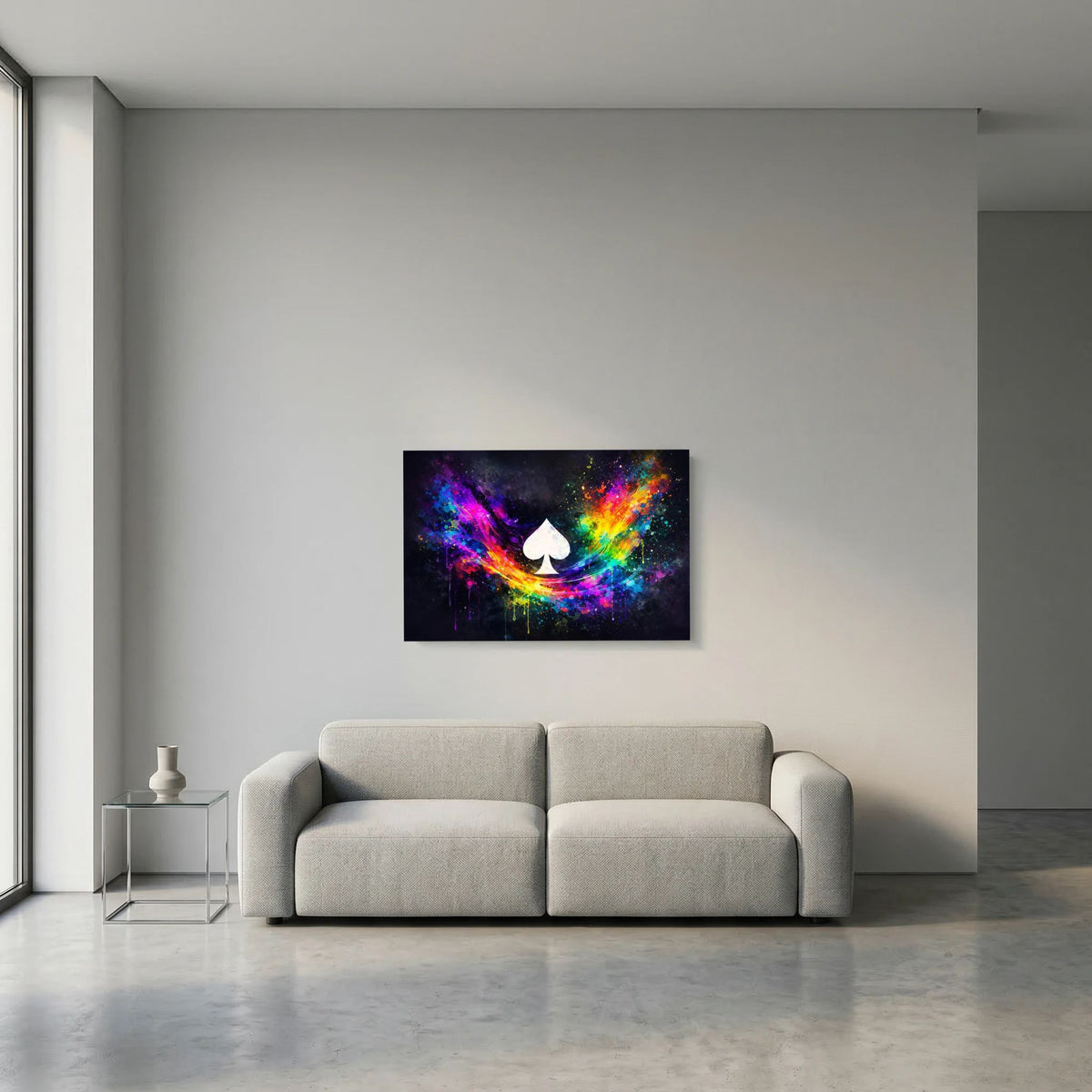 Wandbild im Querformat: dunkler Farbschleier mit Neonverlauf und weißem Pik-Symbol.