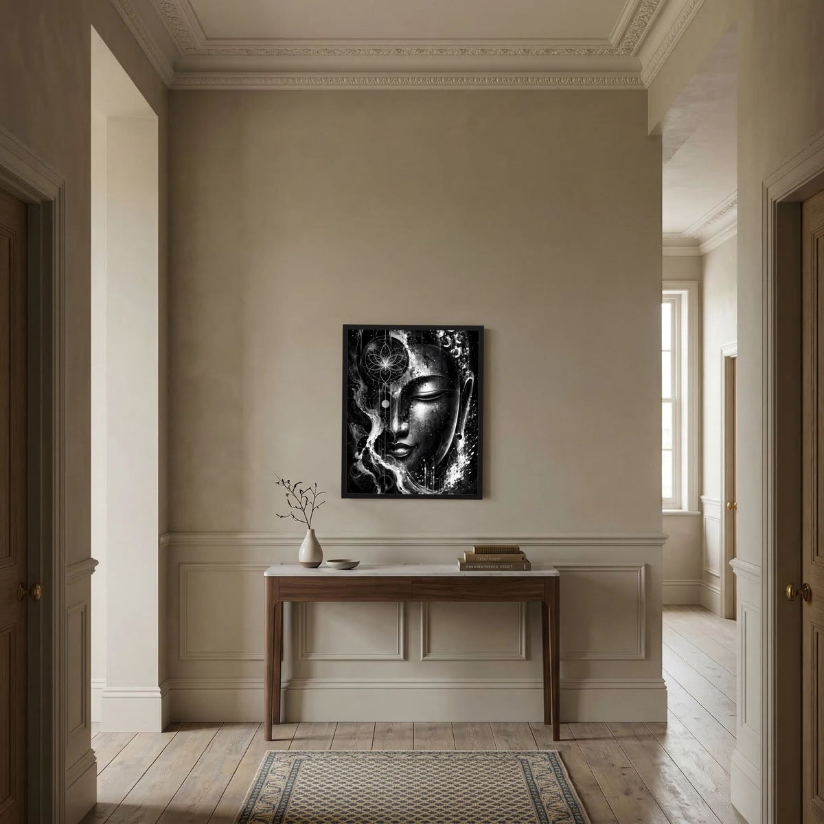 Gerahmtes Hochformat-Poster mit Buddha-Gesicht in Schwarzweiß, mandalaartiger Kreis