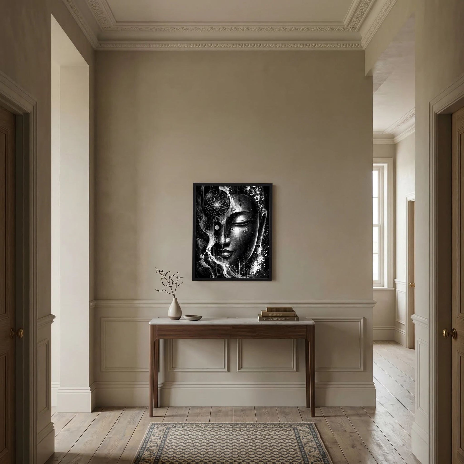 Gerahmtes Hochformat-Poster mit Buddha-Gesicht in Schwarzweiß, mandalaartiger Kreis