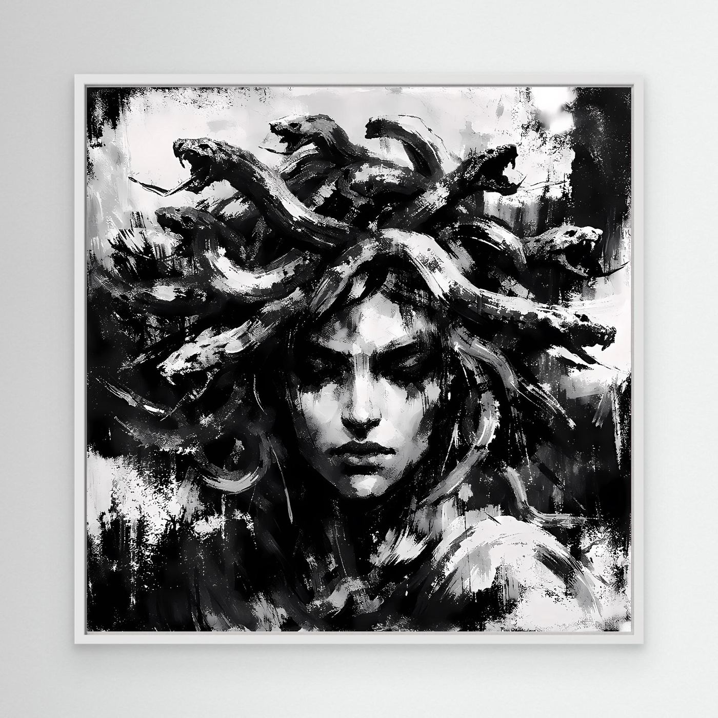 White-framed abstract Medusa portrait canvas in black and white, textured brush strokes.