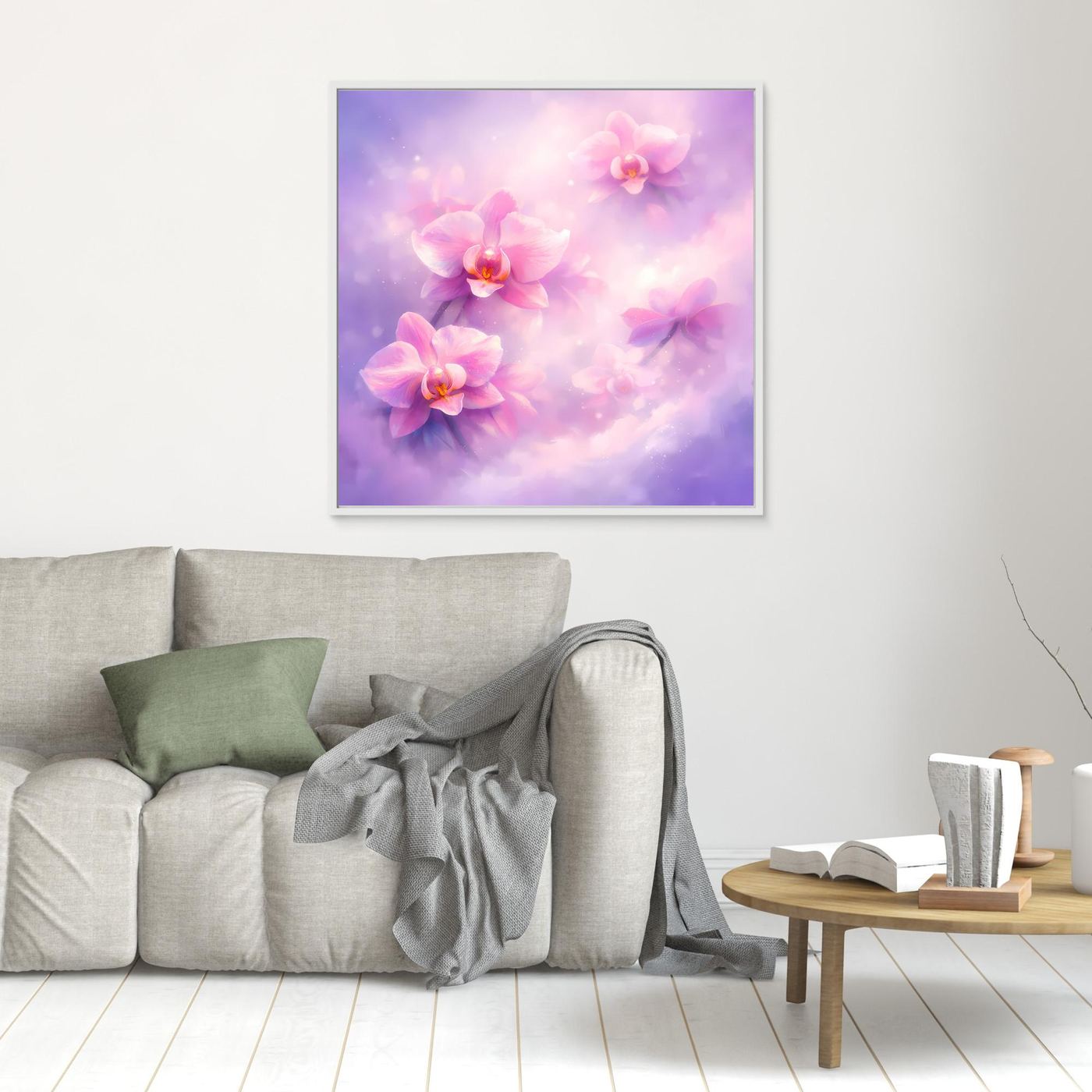 Leinwandbild mit pastellfarbenen Orchideenblüten, weißer Rahmen im Wohnbereich