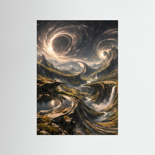 Fantasy-Kunstposter: goldener Sternenwirbel über Bergtal mit Fluss und schimmernden Lichtbahnen