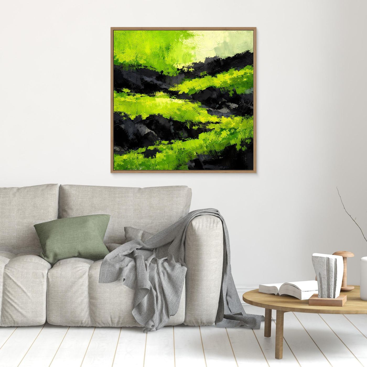 Kleines abstraktes Leinwand-Wandbild mit moosgrünen Streifen und dunklen Akzenten, goldbraun gerahmt