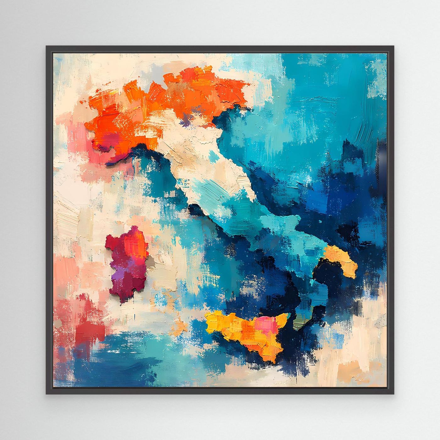 Abstract Italy map wall canvas with blue, orange, and red blotches in black frame