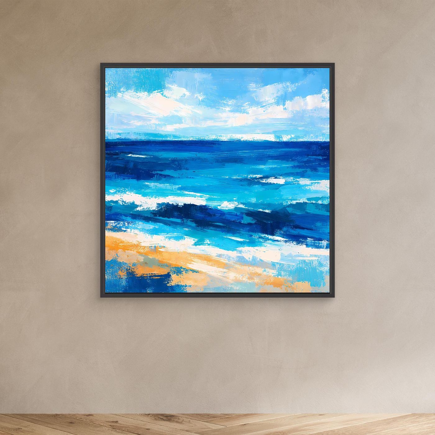 Abstract ocean canvas wall art with deep blue waves, black frame, foam highlights