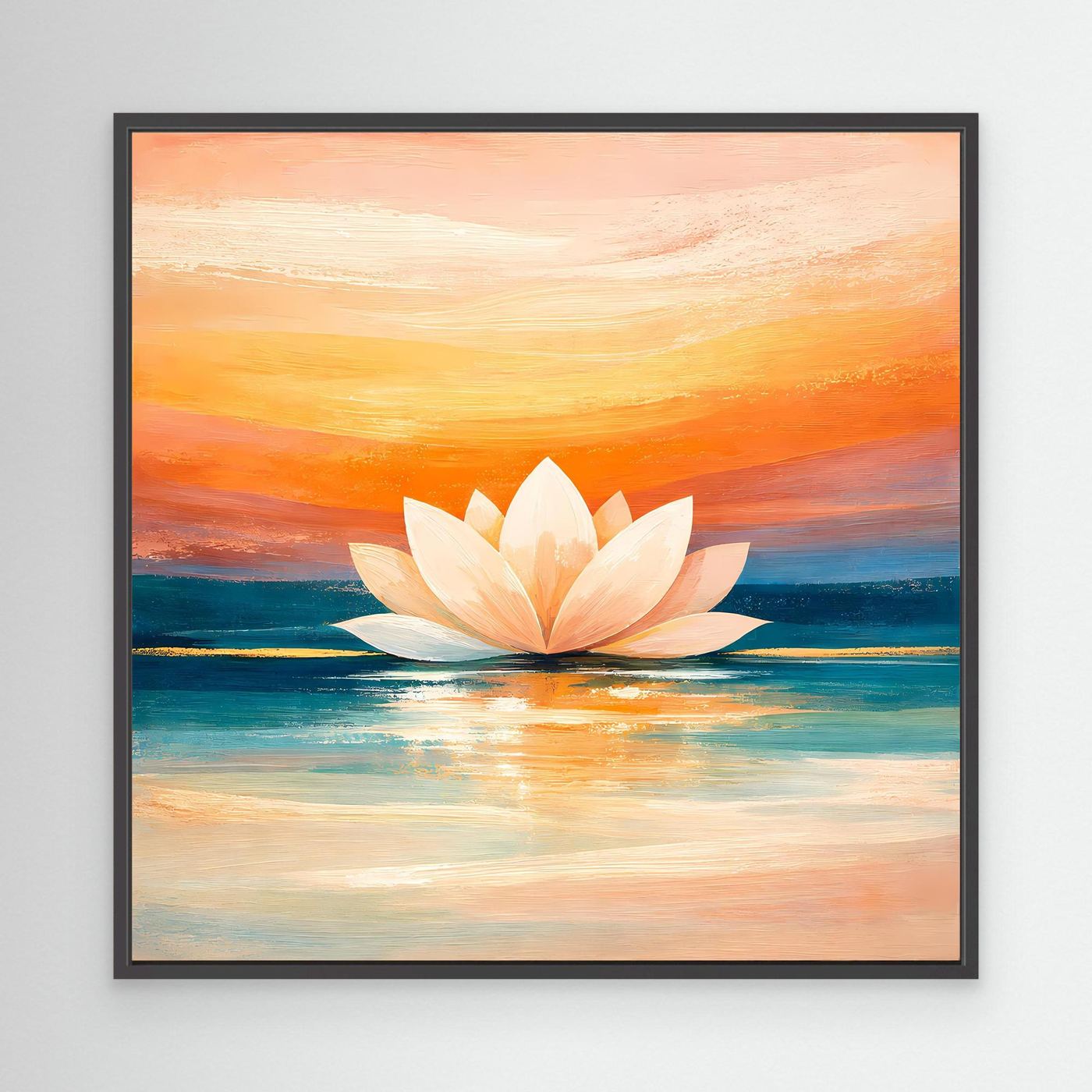 Leinwandbild mit Lotusblüte im schwarzem Rahmen, abstrakter Sonnenuntergang und Spiegelung