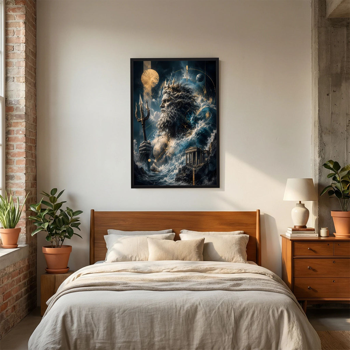 Hochformat-Poster mit Poseidon-ähnlicher Gestalt und Dreizack, im dunklen Rahmen