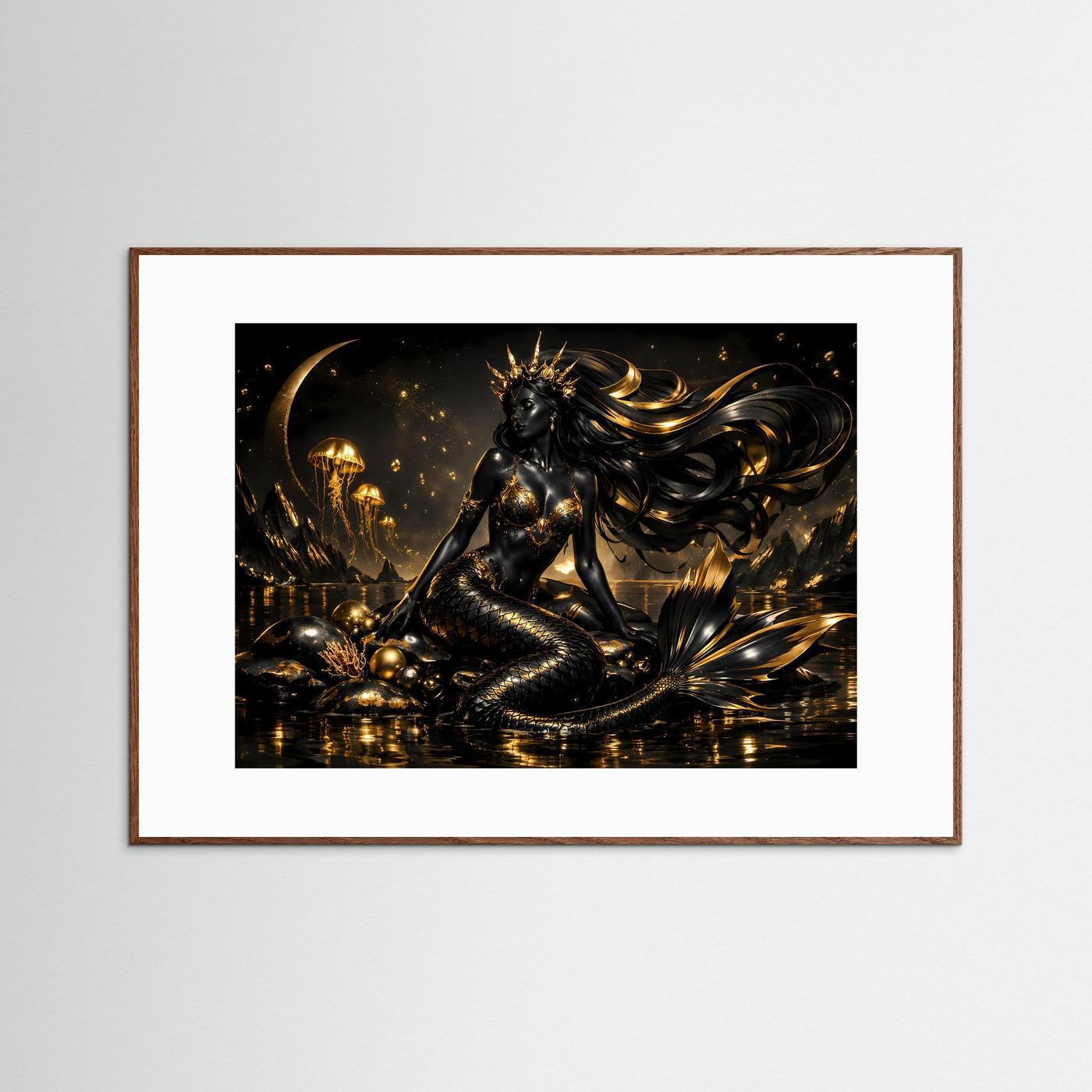 Schwarze Meerjungfrau mit Goldkrone & Quallen | Mystisches Wandbild Querformat