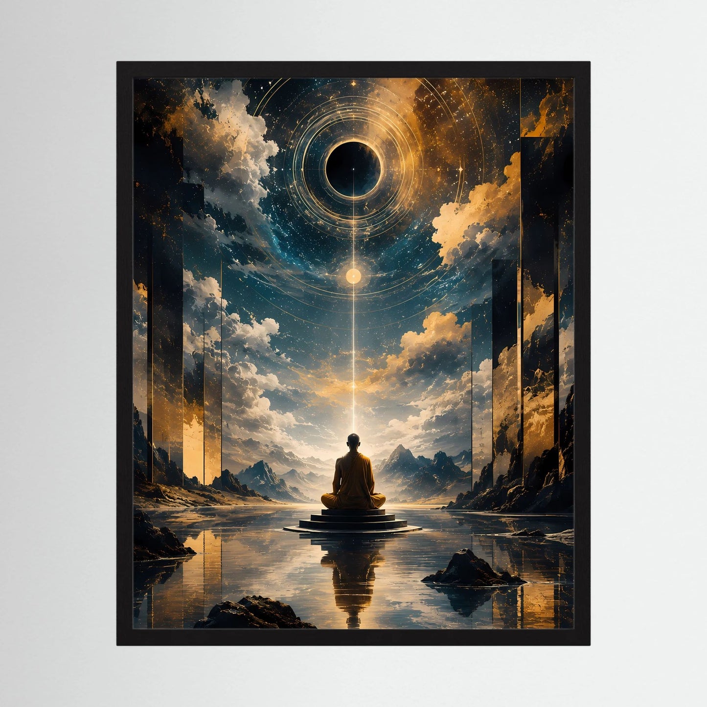 Hochformatposter im schwarzen Rahmen: Mönch vor kosmischem Portal mit goldenen Kreisen.