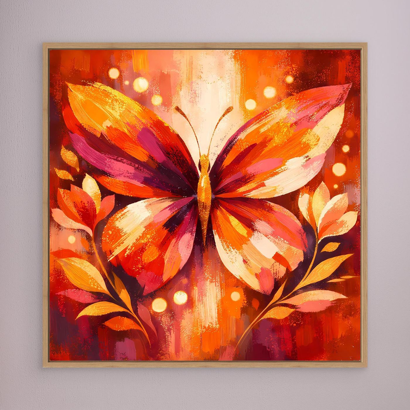Gerahmtes Leinwandbild mit farbenfrohem Schmetterling, warmes Rot-Orange, brauner Rahmen