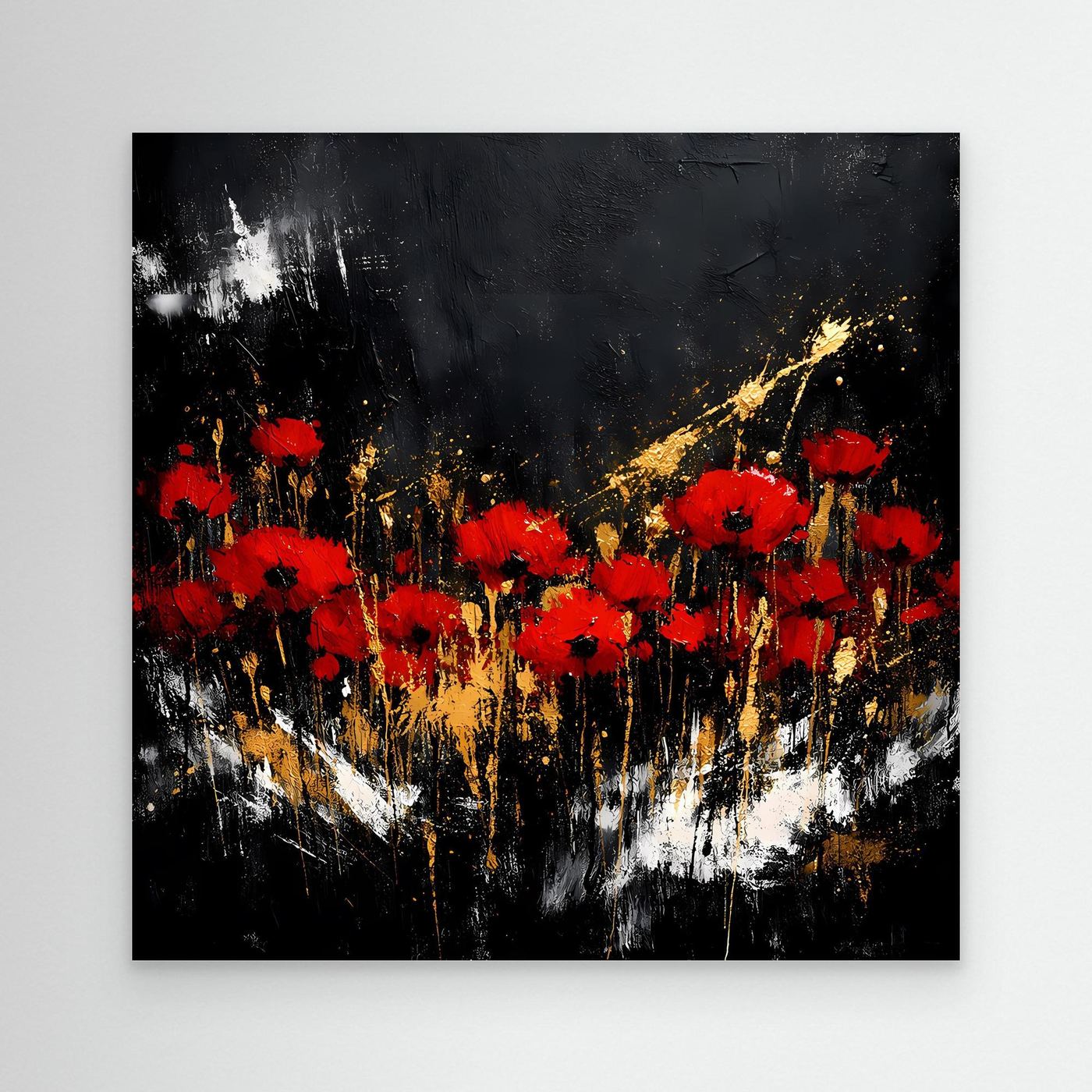 Leinwand Rote Mohnblumen mit Gold-Akzenten | Modernes Florales Wandbild Abstrakt