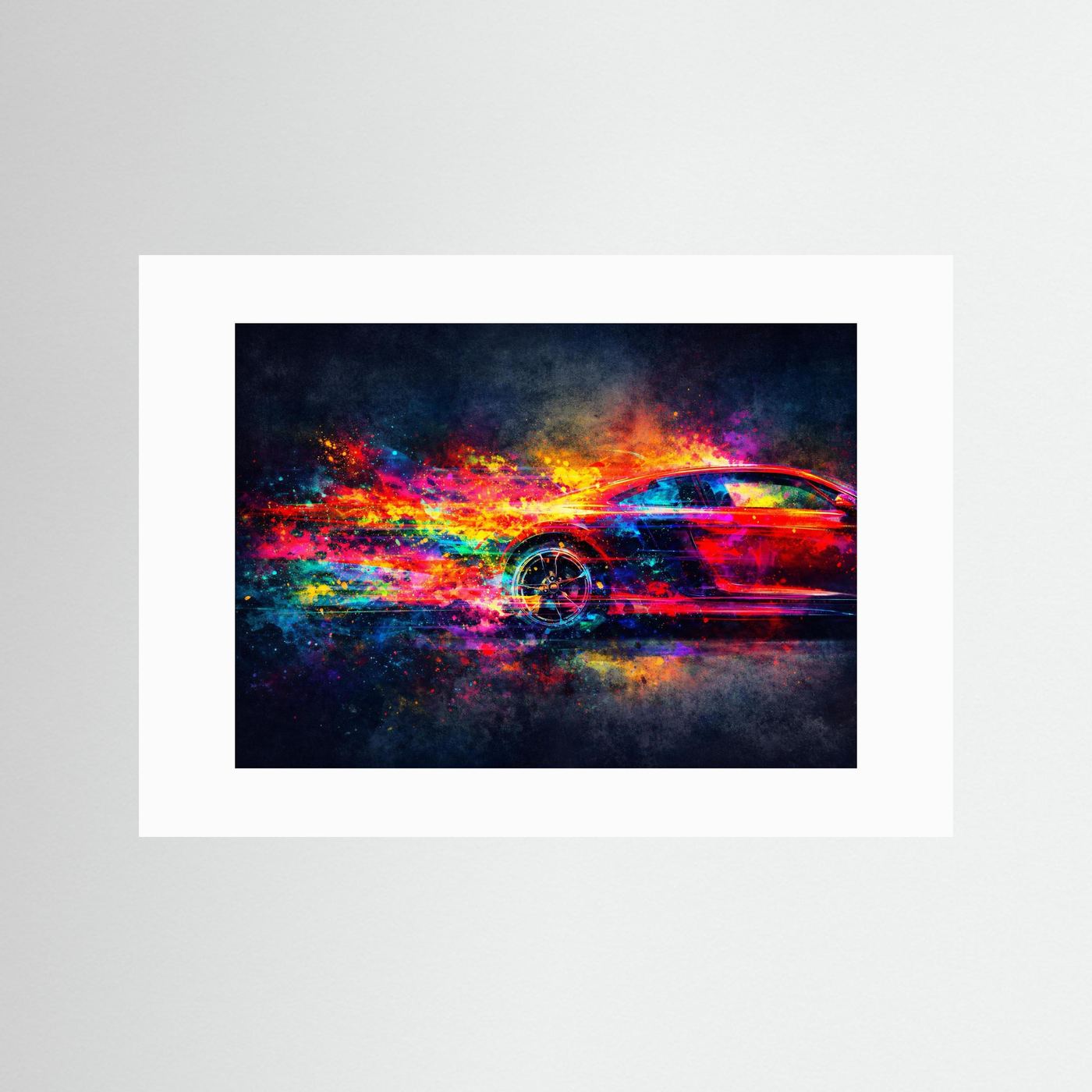 Dynamischer Sportwagen in Neon Farben | Abstrakte Auto Kunst & Bunt Wandbild Querformat