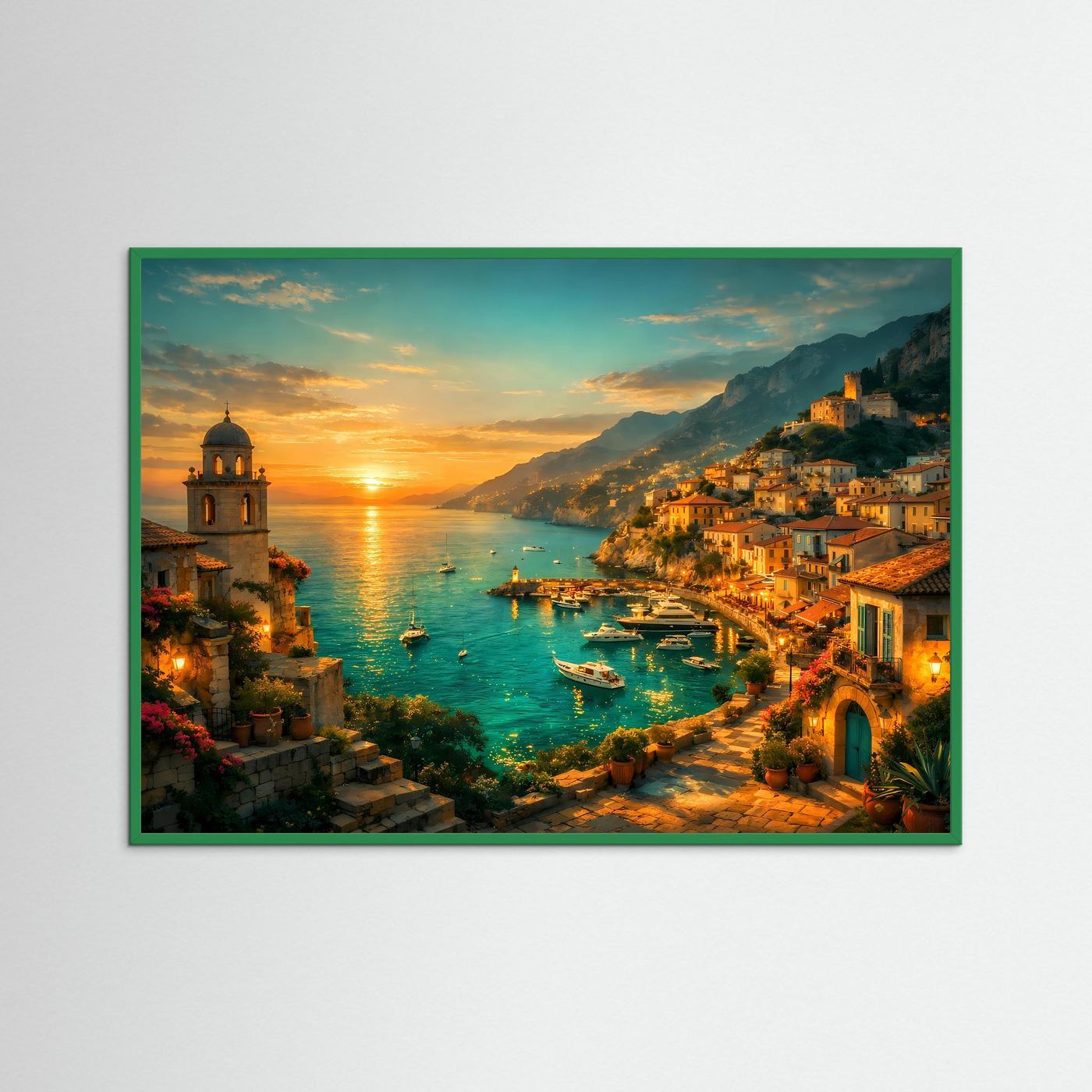 Wandposter mit Sonnenuntergang über dem Meer und Küstenstadt, grüner Rahmen