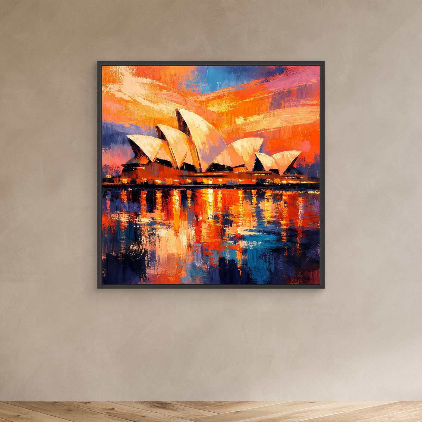 Quadratisches abstraktes Leinwandbild mit Sydney Opera House im Abendrot im schwarzen Rahmen
