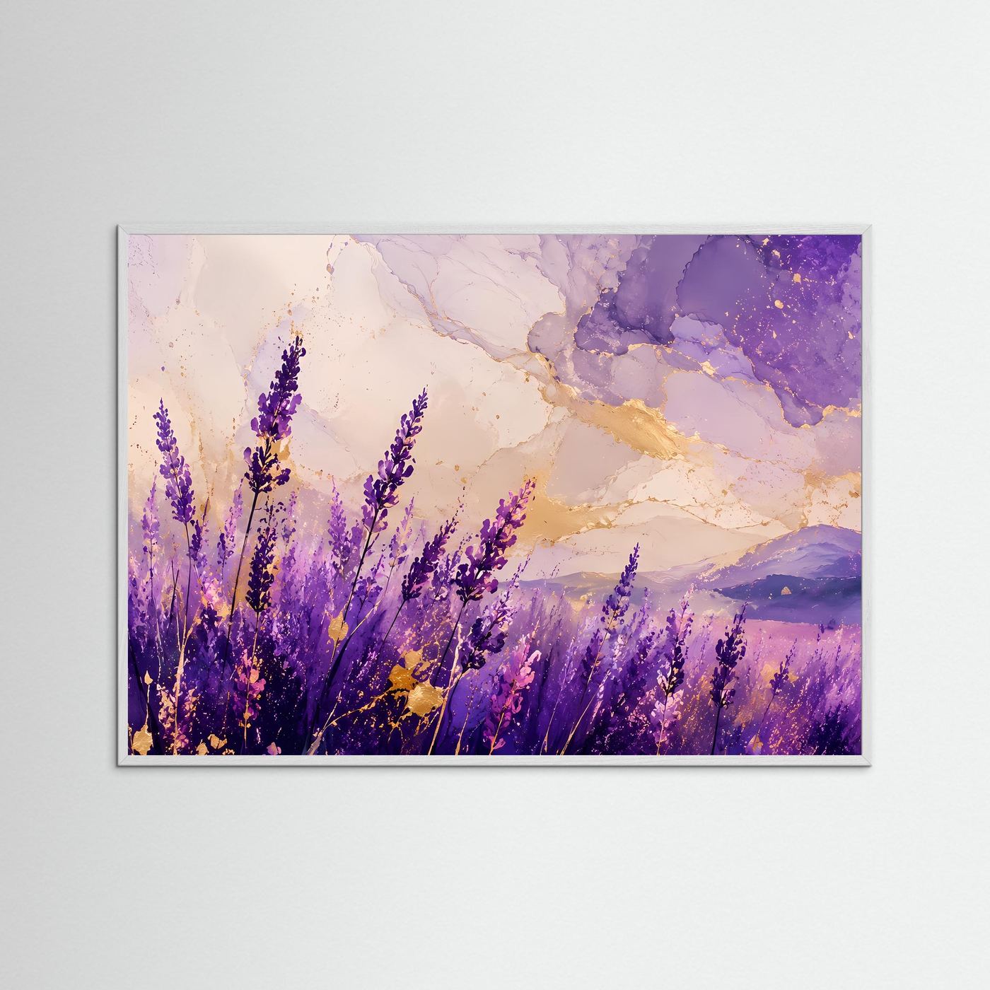 Lavendelfeld Poster | Abstrakte Lavendel Landschaft | Lila Blumen Wandbild | Gold Akzent Kunst | Premium Leinwandbild