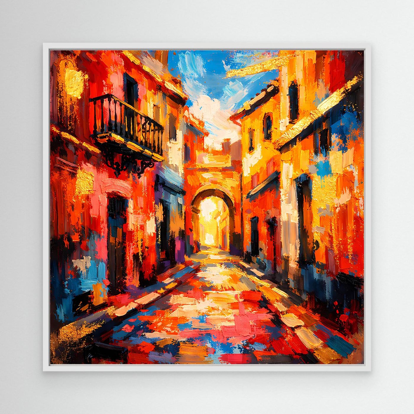 Abstraktes Leinwandbild mediterrane Altstadtgasse mit Bogengang und Pflasterweg, farbig, mit weißem Rahmen