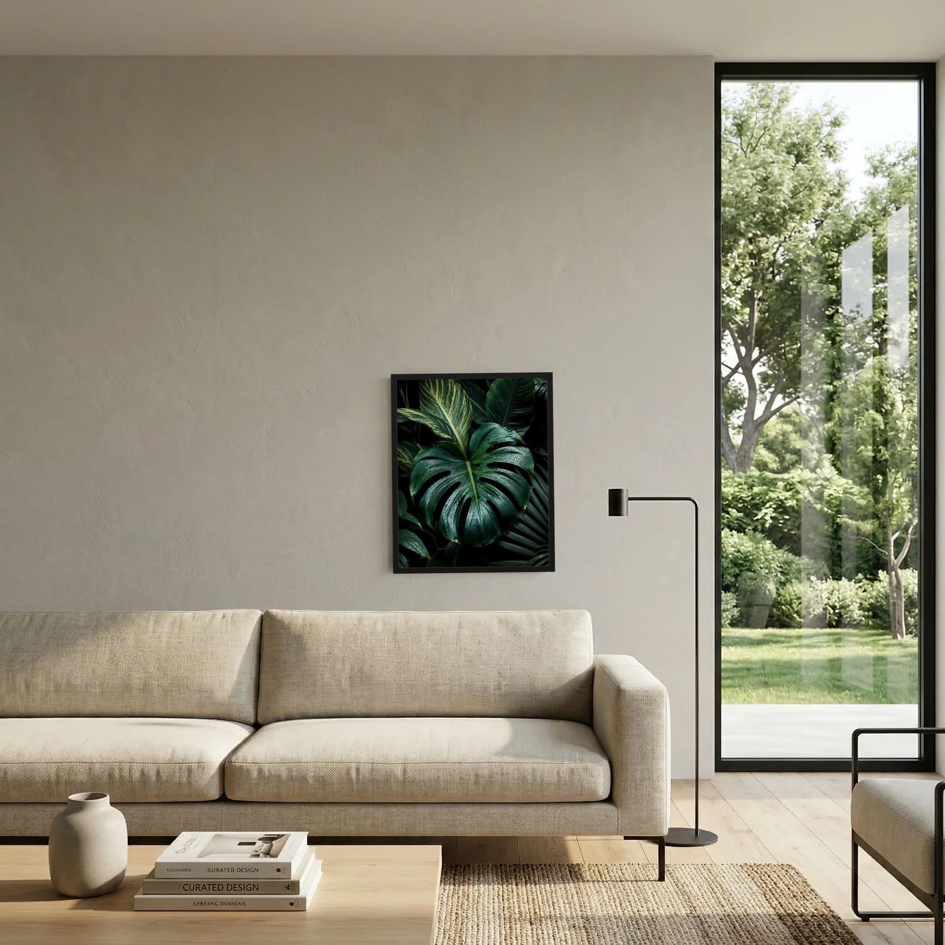 Gerahmtes Poster mit Monstera-Blättern in Dunkelgrün, Regentropfen, Hochformat