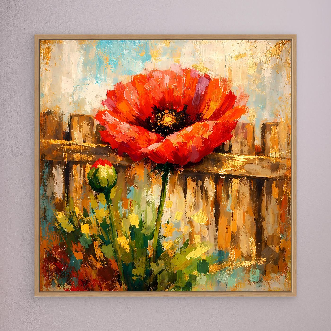Leinwandbild mit abstrakter roter Mohnblume und grünen Stielen, brauner Rahmen