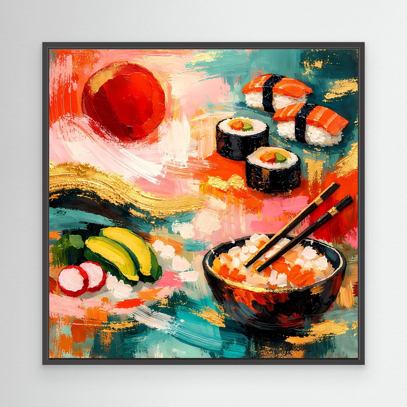 Leinwandbild mit Sushi-Motiv im schwarzen Rahmen: Maki, Nigiri, Schale und Stäbchen
